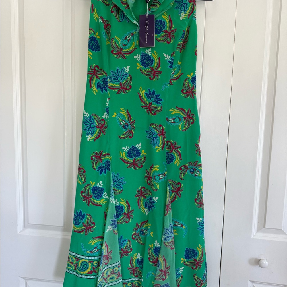 Ralph Lauren Purple Label Vibrant Green Floral Midi Silk Dress size 2